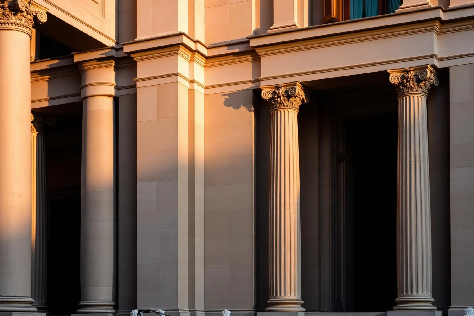 Facciata di un palazzo istituzionale romano in travertino al tramonto